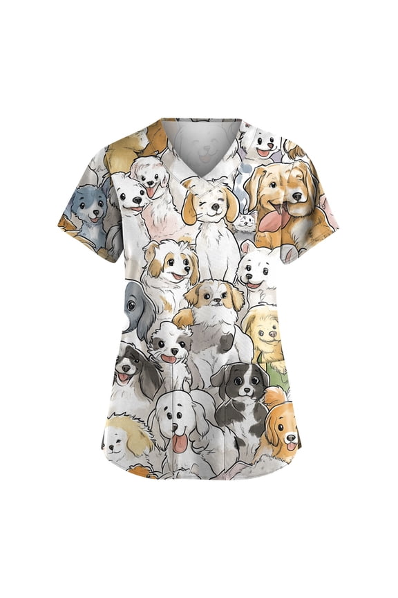 Ladies Cartoon Monkey Floral Printed Medical Scrub Tops V Neck Multi Pocket Short Sleeve Hospital Workwear Brown 4XL