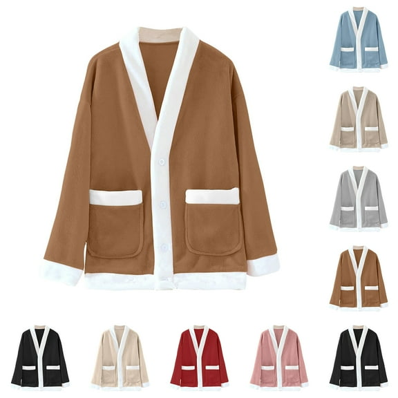 Ladies' Casual And Comfortable V-neck Warm And Plush Home Clothes Cardigan Pajamas Jacket for Lounge Wear and Winter Evenings,Light Blue,L