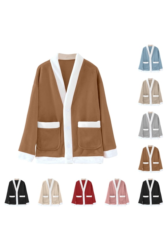 Ladies' Casual And Comfortable V-neck Warm And Plush Home Clothes Cardigan Pajamas Jacket for Lounge Wear and Winter Evenings,Pink,S