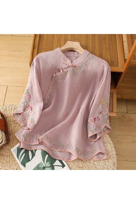 Ladies' Casual And Linen Embroidered Buttoned Cardigan With Quarter Sleeves And Round Neck