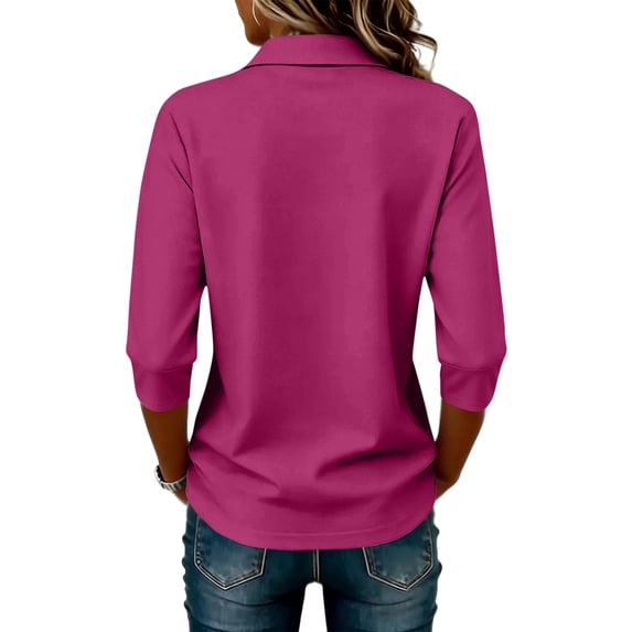 Ladies Casual Button Placket Collared Polo Shirts Three Quarter Sleeve Loose Summer Multi Color Tops M