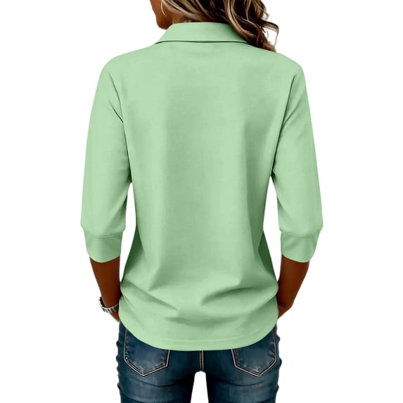 Ladies Casual Button Placket Collared Polo Shirts Three Quarter Sleeve Loose Summer Multi Color Tops M