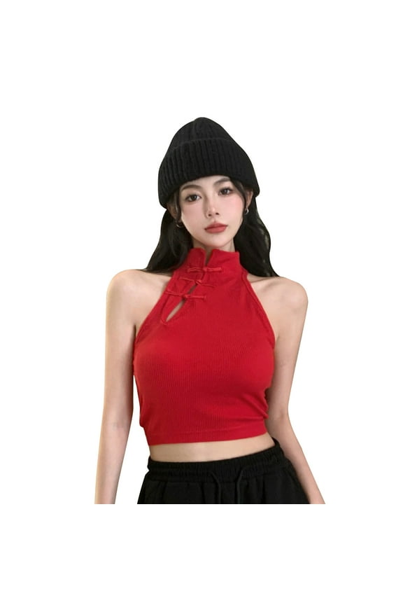 Ladies Casual Camisole Women Half Turtleneck Crop Top Sleeveless Vest Retro-Cheongsam Buckle Tanks Top Streetwear