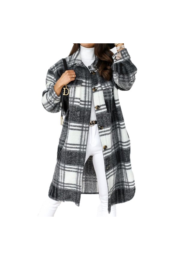 Ladies Casual Checked Fashion Jackets Long Buttoned Lumberjack Shirt Checked Jacket Wool Blend Coat