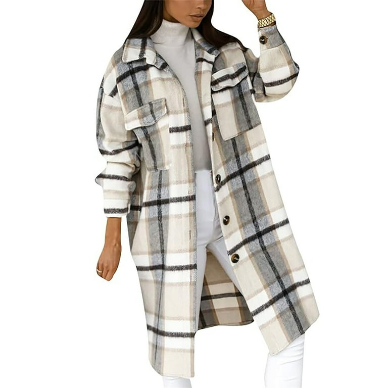Ladies Casual Checked Fashion Jackets Long Buttoned Lumberjack Shirt Checked Jacket Wool Blend Coat Walmart