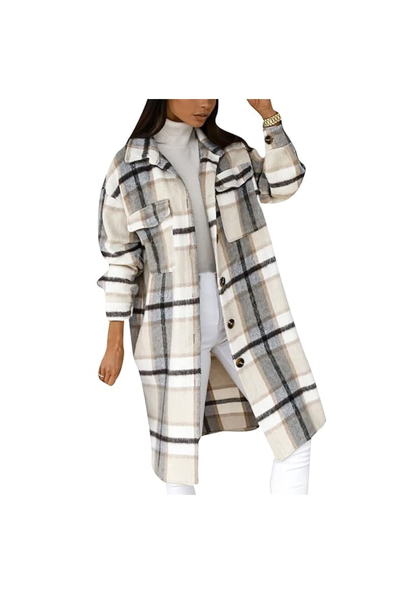 Ladies Casual Checked Fashion Jackets Long Buttoned Lumberjack Shirt Checked Jacket Wool Blend Coat