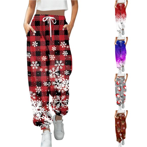 Ladies Casual Christmas Printed High Waist Sports Fitness Pants with Side Pocket for Women Winter Athletic Trousers Women’s Pajama Pants Holiday Prints Loose Lounge Sleepwear Pajama Pant