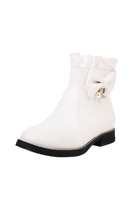 Ladies Casual Comfort Boots Shoes Ladies Cute Fashion Bow Solid Color Flat Round Toe Square Heel Short Student Style Boots