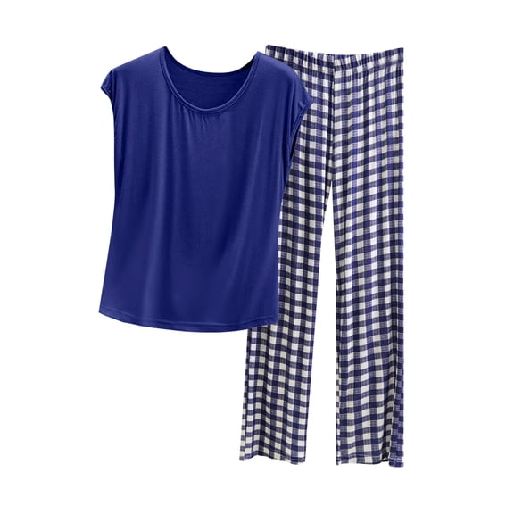 Ladies' Casual Comfortable Crew Neck Solid Top with Plaid Pants Plus Size Set Dark Blue Size XXL