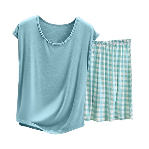 Ladies' Casual Comfortable Crew Neck Solid Top with Plaid Shorts Plus Size Set Mint Green Size XL