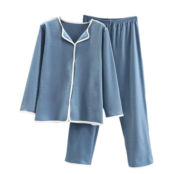 Ladies' Casual Comfortable Long Sleeve Solid Fleece-Lined Thick Warm Pajama and Pants Plus Size Set Blue Size L