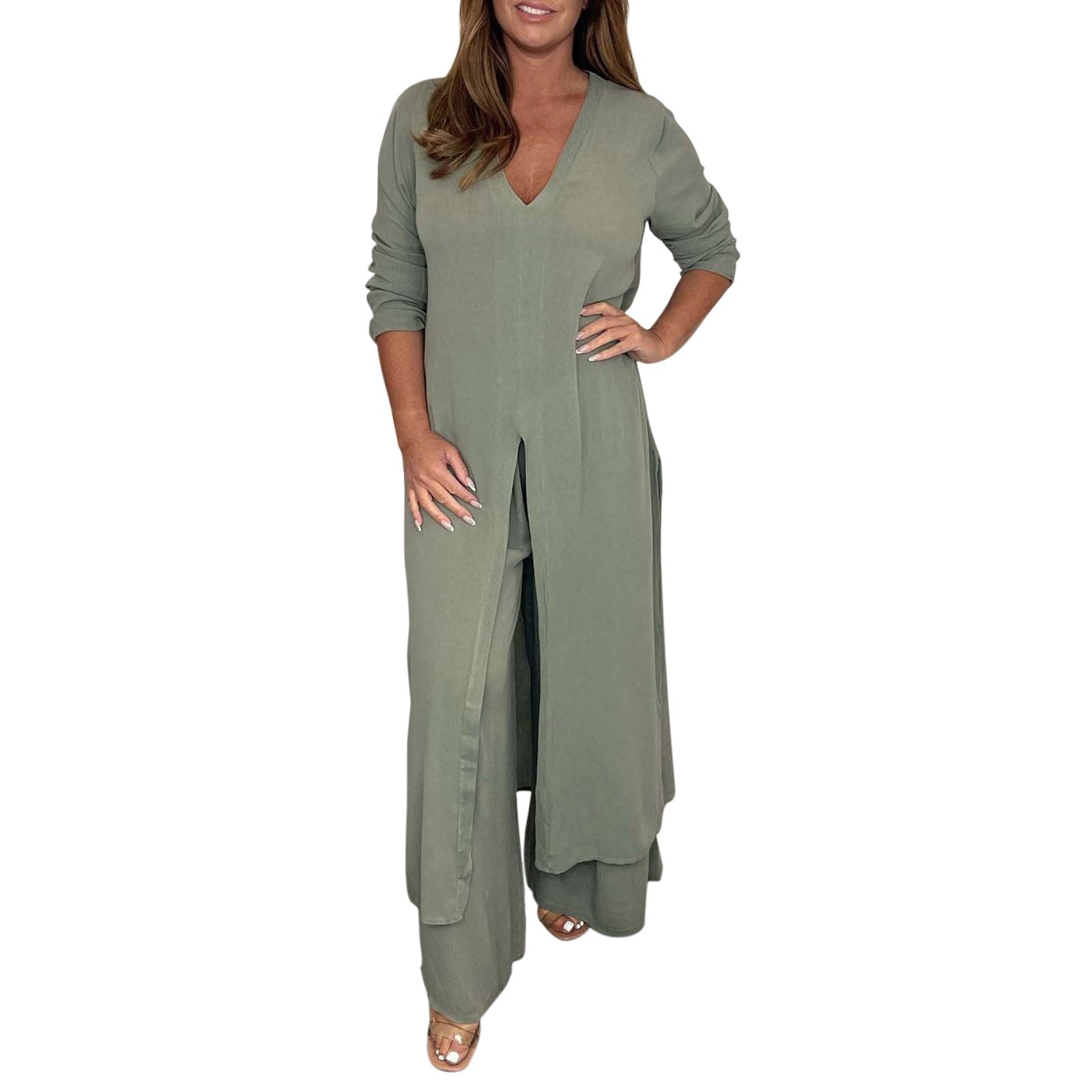 Ladies Casual Fashion Chiffon Long Sleeve Trousers Two Piece Set Pin Striped Suit for Women Dinner Suit Women on Piece Jumpsuit Pant Suits for Women Dressy Elegant Womens Suit Wide Leg Wedding