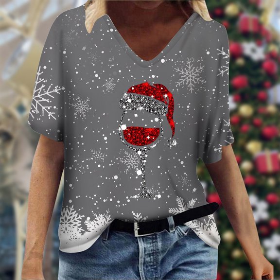 Ladies Casual Fashion Christmas Theme Snow Print V Neck Short Sleeved T Shirt Top Short Sleeve Shirts for Women Juniors Graphic Tops Workout Short Sleeve Shirt Workout Tops T Shirts Shirt Women Cold