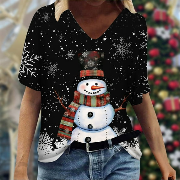 Ladies Casual Fashion Christmas Theme Snowflake Snowman Print V Neck Short Sleeved T Shirt Top Womens Long Sleeve Spandex T Shirt Womens Tee Lightweight T Shirts Women Athletic Tops for Women Long