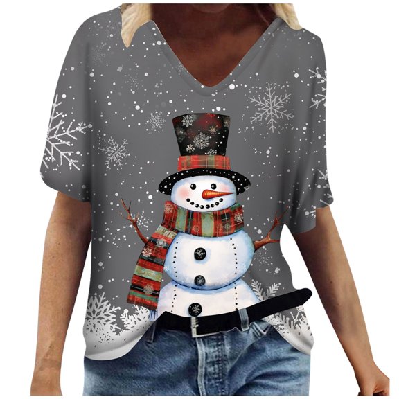 Ladies Casual Fashion Christmas Theme Snowflake Snowman Print V Neck Short Sleeved T Shirt Top