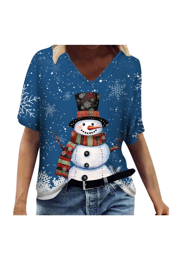 Ladies Casual Fashion Christmas Theme Snowflake Snowman Print V Neck Short Sleeved T Shirt Top