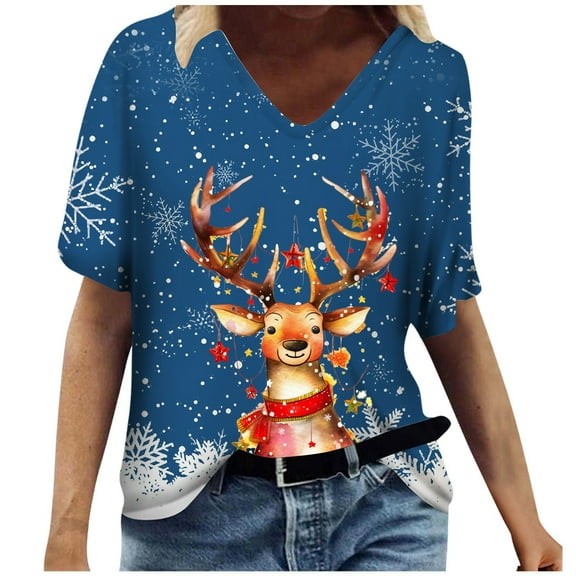 Ladies Casual Fashion Christmas Themed Snowflake Deer Print V Neck Short Sleeved T Shirt Top,Blue,M