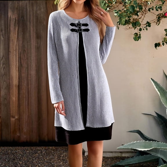 Ladies' Casual Fashion Contrast Color Striped Fake Two-Piece Set Button Up Dress for Winter Style and Daily Wear,Gray,S