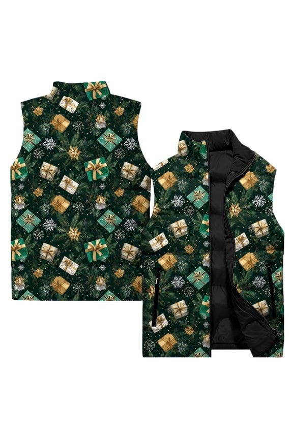 Ladies' Casual Fashion Sleeveless Christmas Printed Cotton Vest Jacket, Dark Green, Size XXL
