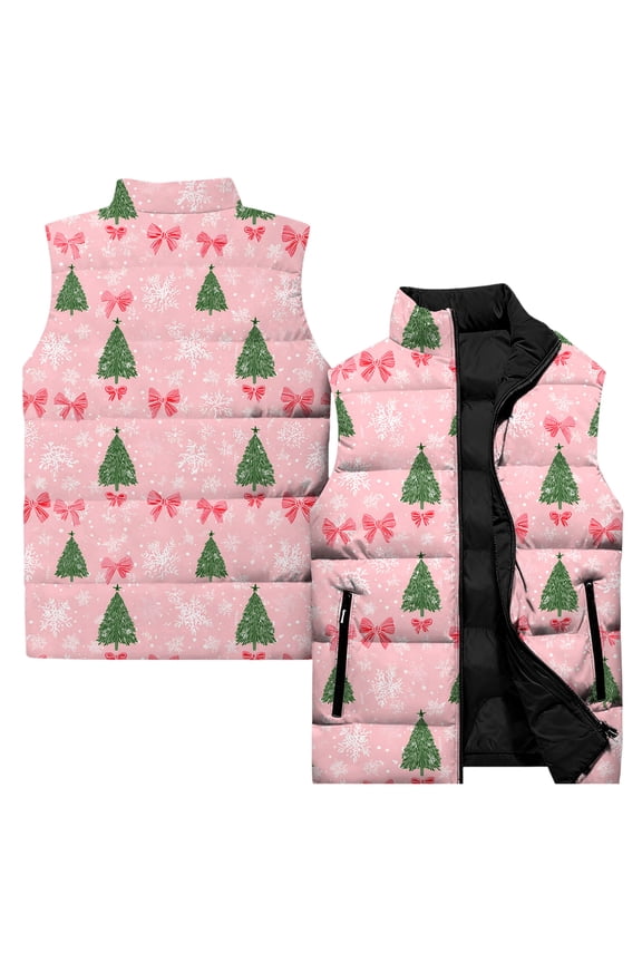 Ladies' Casual Fashion Sleeveless Christmas Printed Cotton Vest Jacket, Pink, Size XXL