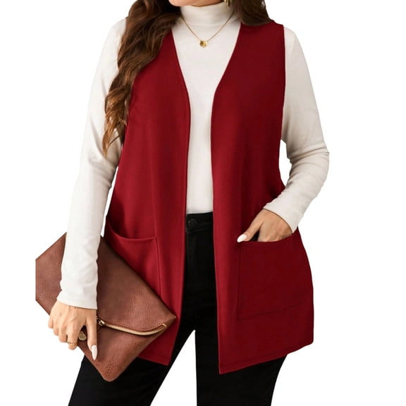 Ladies' Casual Fashion V-neck Solid Color Sleeveless Layering Vest Jacket - Burgundy M