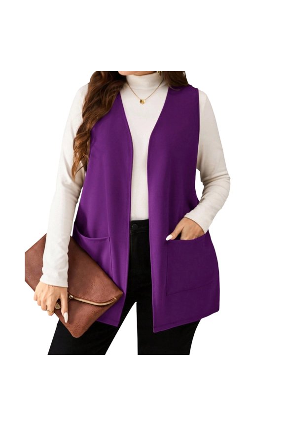 Ladies' Casual Fashion V-neck Solid Color Sleeveless Layering Vest Jacket - Purple S
