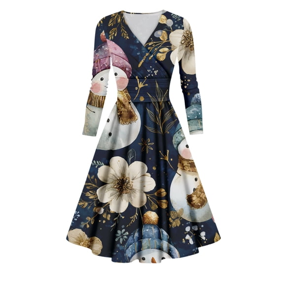 Ladies' Casual And Fashionable Christmas Tree Print Long Sleeved V-Neck Sexy Pocket Dress, Holiday Print, Retro Style, Party Wear, Comfort, Festive,Blue,L