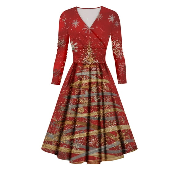 Ladies' Casual And Fashionable Christmas Tree Print Long Sleeved V-Neck Sexy Pocket Dress, Holiday Print, Retro Style, Party Wear, Comfort, Festive,Deep Red,S
