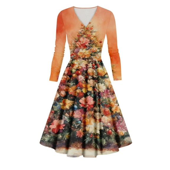 Ladies' Casual And Fashionable Christmas Tree Print Long Sleeved V-Neck Sexy Pocket Dress, Holiday Print, Retro Style, Party Wear, Comfort, Festive,Orange,S