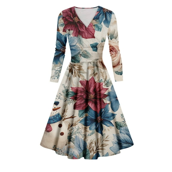 Ladies' Casual And Fashionable Christmas Tree Print Long Sleeved V-Neck Sexy Pocket Dress, Holiday Print, Retro Style, Party Wear, Comfort, Festive,White,S