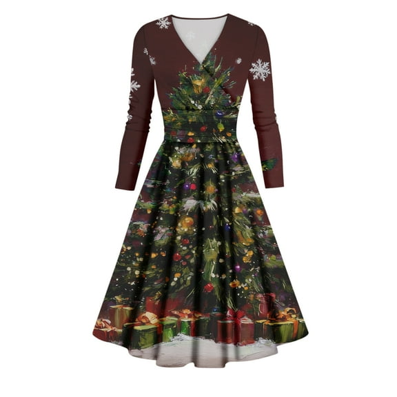 Ladies' Casual And Fashionable Christmas Tree Print Long Sleeved V-Neck Sexy Pocket Dress, Holiday Print, Retro Style, Party Wear, Comfort, Festive,Wine,S