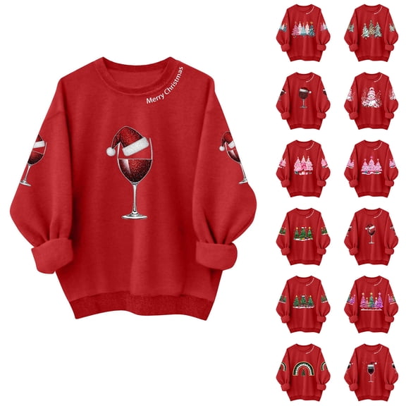 Ladies' Casual And Fashionable Round Neck Top With Christmas Print Hooded T-shirt Long Sleeved Sweatshirt, Merry Christmas Themed Fall Winter Wear for Holiday Fun,Deep Red,L