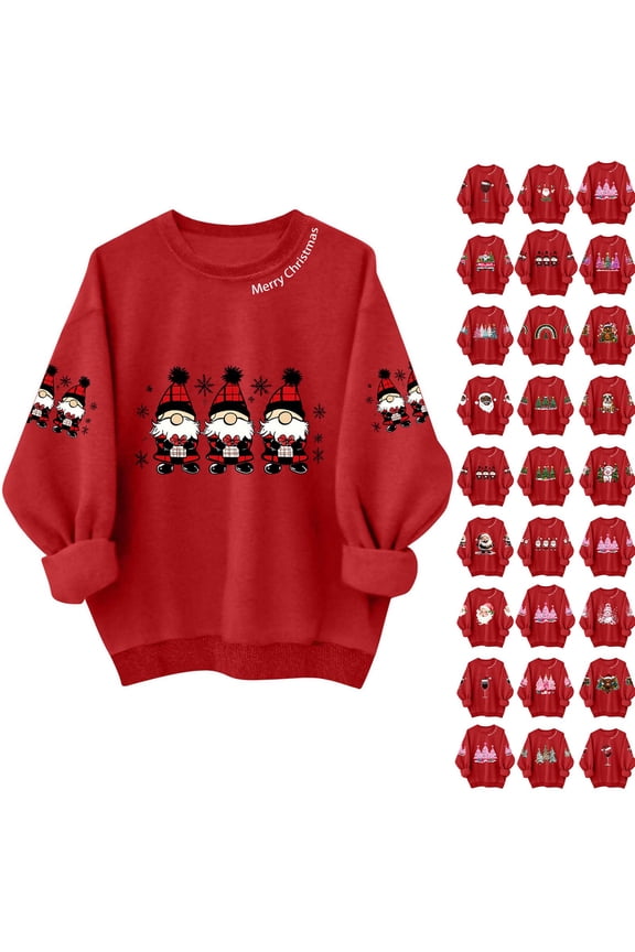 Ladies' Casual And Fashionable Round Neck Top With Christmas Print Hooded T-shirt Long Sleeved Sweatshirt, Merry Christmas Themed Fall Winter Wear for Holiday Fun,Vermilion,M