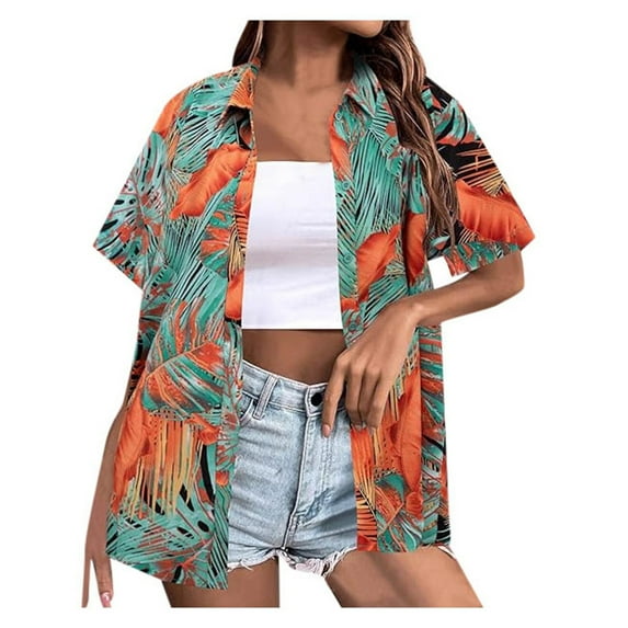 Ladies Casual Fashionable Summer Beach Print Short Sleeved Shirt for Women