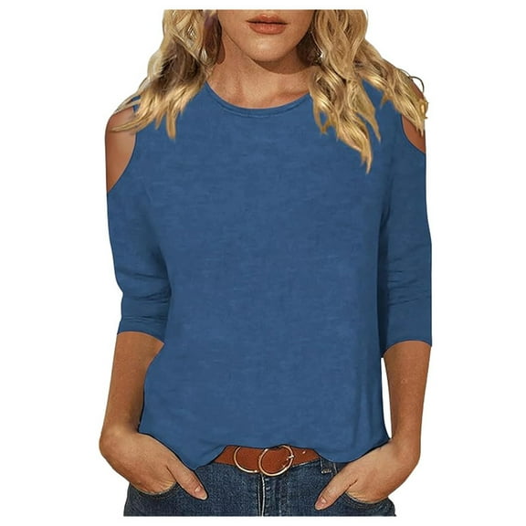 Hauaitttt Ladies' Casual Fit V Neck Summer Fashion Off Shoulder Comfortable Quarter Sleeve Top T Shirt Solid Color Tops for Women Short Sleeve Neck Long Sleeve Tops for Women Womens Active Tops Loose
