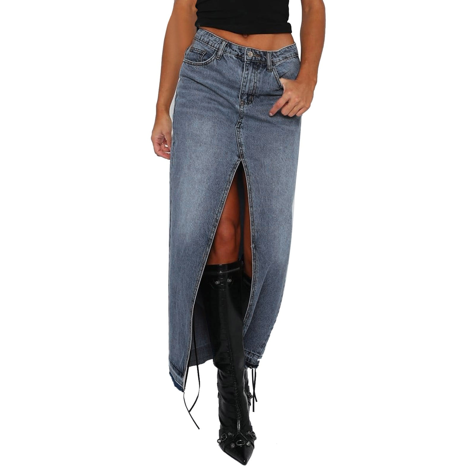 Ladies Casual High Waist Denim Maxi Skirt Slit Front Asymmetric Trim