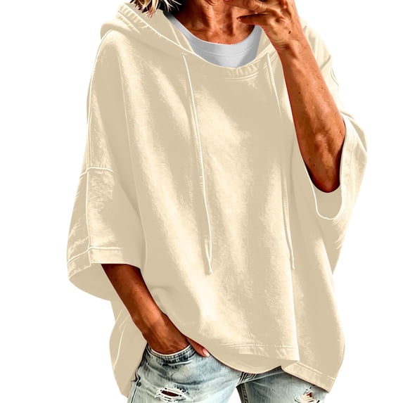 Ladies' Casual Hooded Drawstring 3/4 Split Sleeve Sweatshirt Tops Oversized Pullover Tops, Basic Daily Wear Shirts Beige M