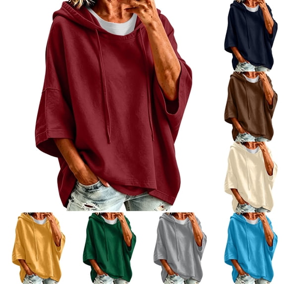Ladies' Casual Hooded Drawstring 3/4 Split Sleeve Sweatshirt Tops Oversized Pullover Tops, Basic Daily Wear Shirts Red M
