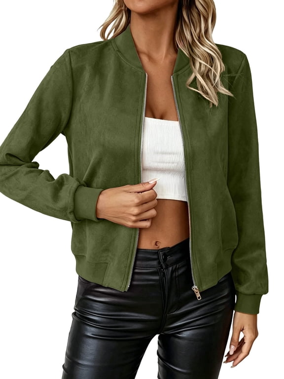 Ladies Casual Jacket Baeitkot Ladies Fashionable Short Zipper Women Jacket Solid Color Jacket Casual Jacket Green XXXL
