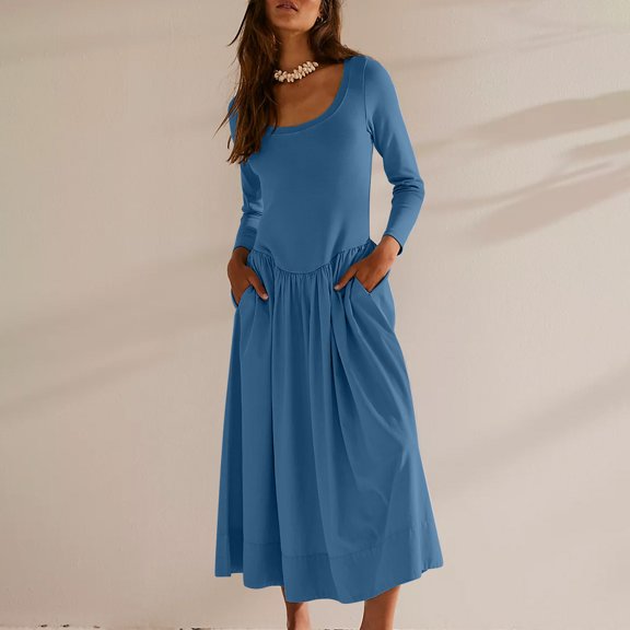 Ladies' Casual Loose Solid Color Round Neck Long Dresslong Sleeved Round Neck And Ankle Dress