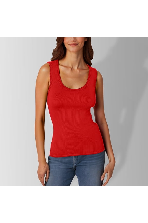 Ladies Casual Low Round Neck Ribbed Sleeveless Elastic Form Fitting Basic Vest for Everyday