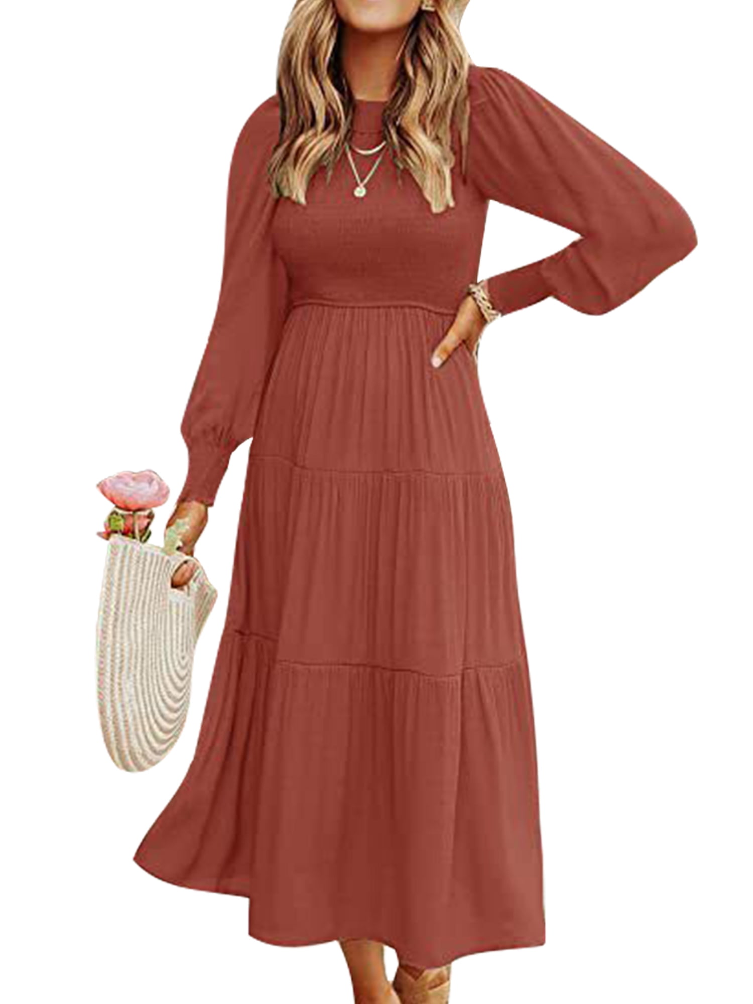 Ladies Casual Maxi Dress Long Sleeve Round Neck Long Dresses Fall A Line Swing Dress Holiday