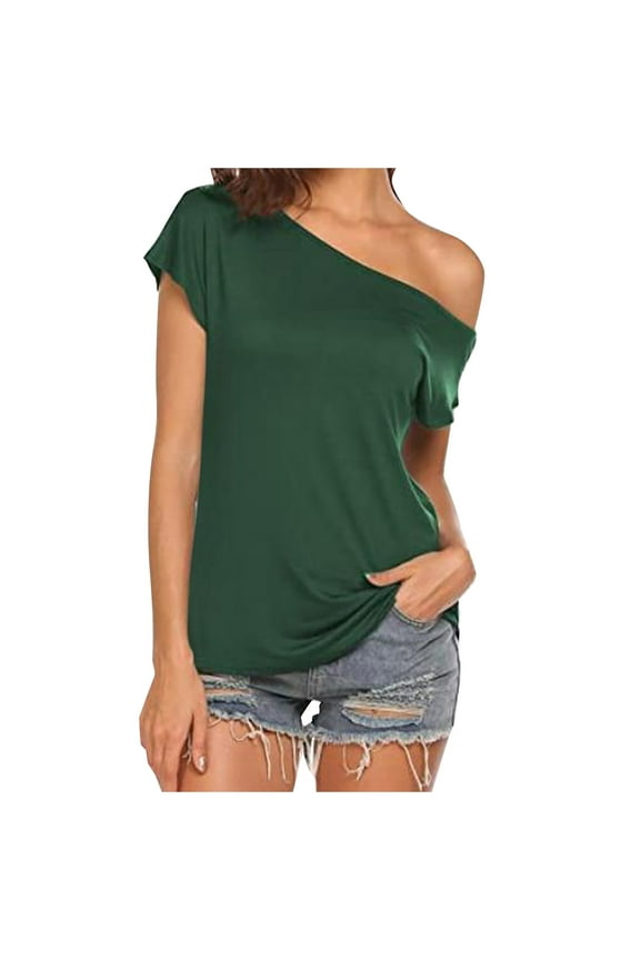 Ladies Casual Off Shoulder Solid Top - Short Sleeve Irregular T-Shirt, 80s Style Polyester Blouse