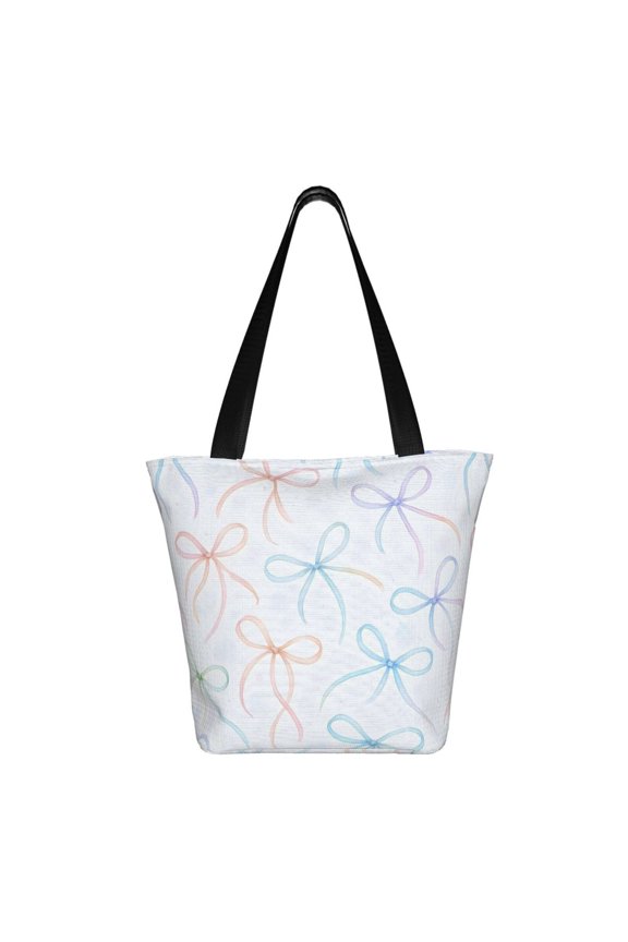 Ladies Casual One Shoulder Carry Shopping Bag Large Capacity Light 1311in Used For Shopping Beach Play Travel Shopping Watercolor Thin Rainbow Ribbon Bow Pattern