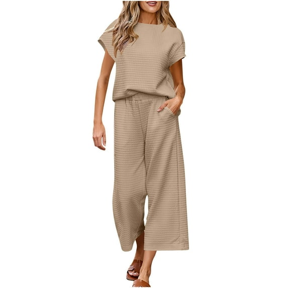 Ladies Casual Outfits Womens Two Piece Vacation Outfits Casual Short Sleeve Pullover Tops and Wide Leg Cropped Pant Loungewear Knit Sets Khaki XXL
