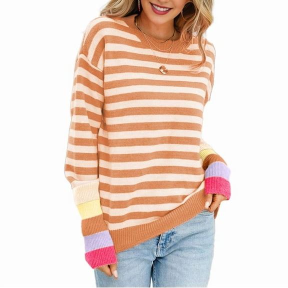 Ladies Casual Round Neck Sleeve Sweater Fashion Striped Long Sleeve Sweaters Knit Pullover Jumper  M