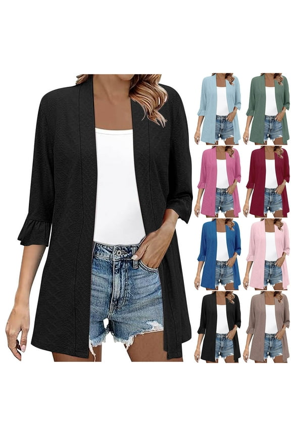 Ladies Casual Solid Color 3/4 Sleeve Quarter Sleeve Front Cardigan Sweater Jacket Lightweight Loose Fit Spring and Summer Cover Up | CSEONE,Wine L