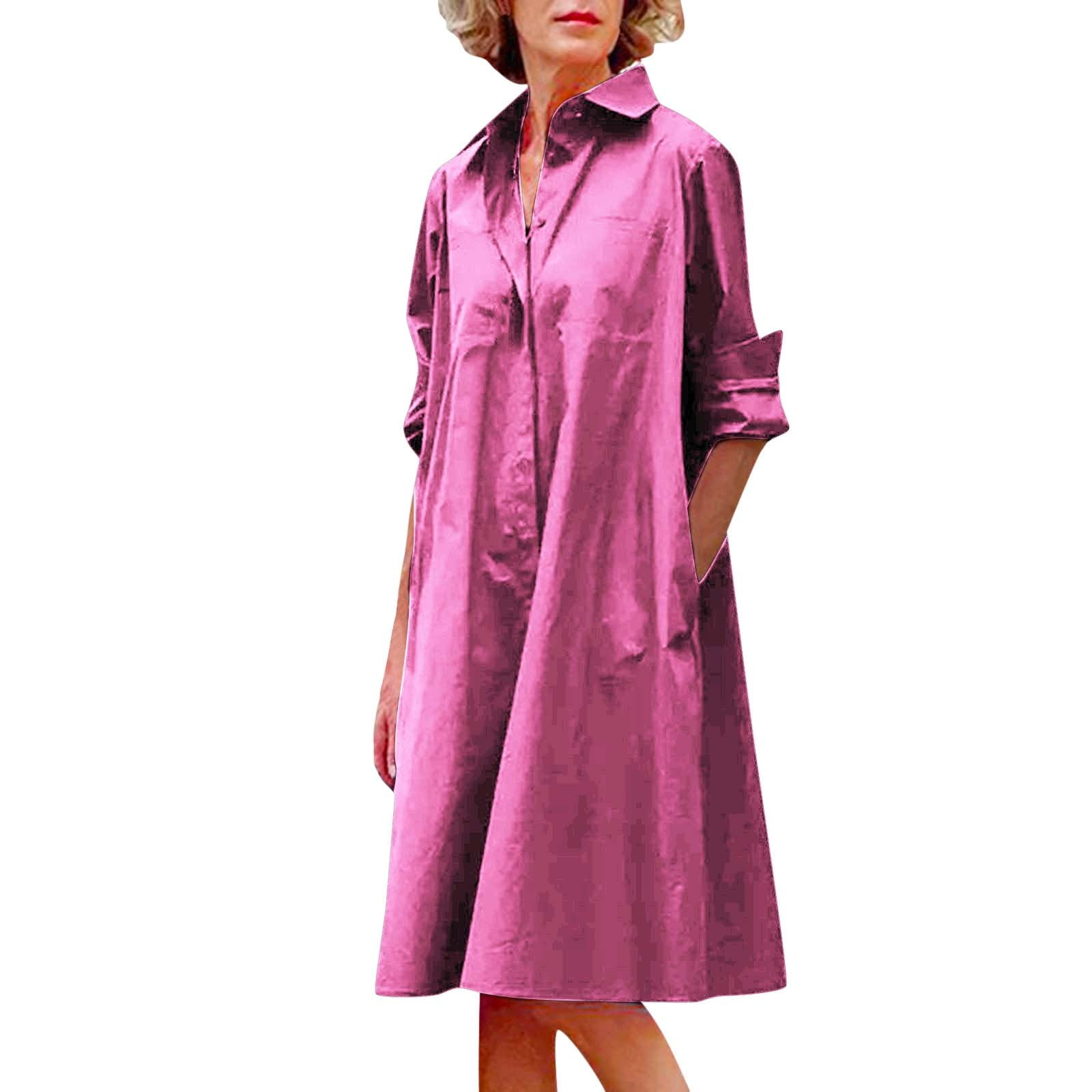 Ladies Casual Solid Color Lapel Long Shirt Dress Women Cotton Linen Medium Long Dress Loose