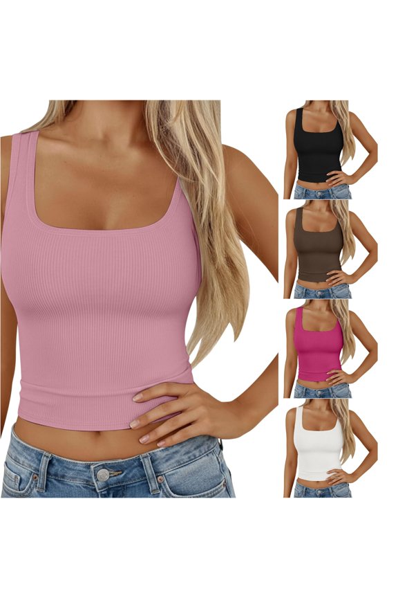 Ladies Casual Solid Color Square Collar Vest for Everyday Wear Versatile Pocketsless Top for Work and Leisure