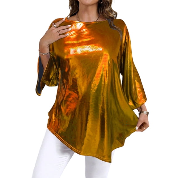 Ladies' Casual Solid Color Top - Brown Asymmetrical Hem, Three-Quarter Sleeves, Round Neck, Classic XL Fit, Solid Color Design, Size XL